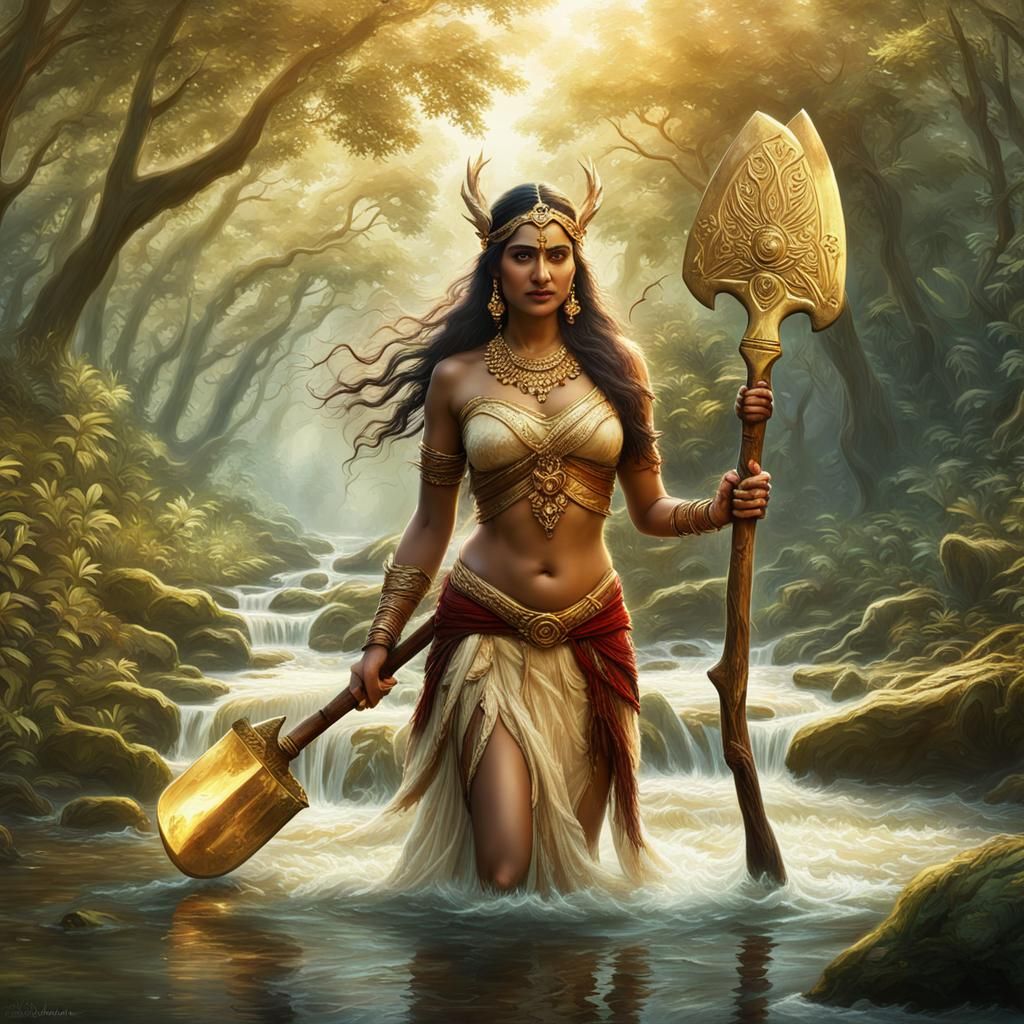 Ethereal Forest Goddess Emerges with Golden Axe