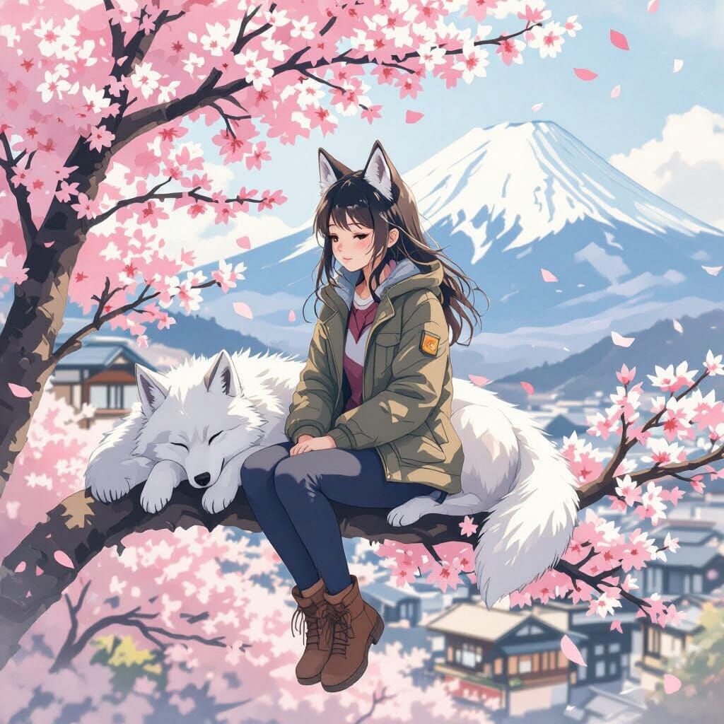 Girl with Wolf Ears and Wolf by Mt. Fuji in Anime Style