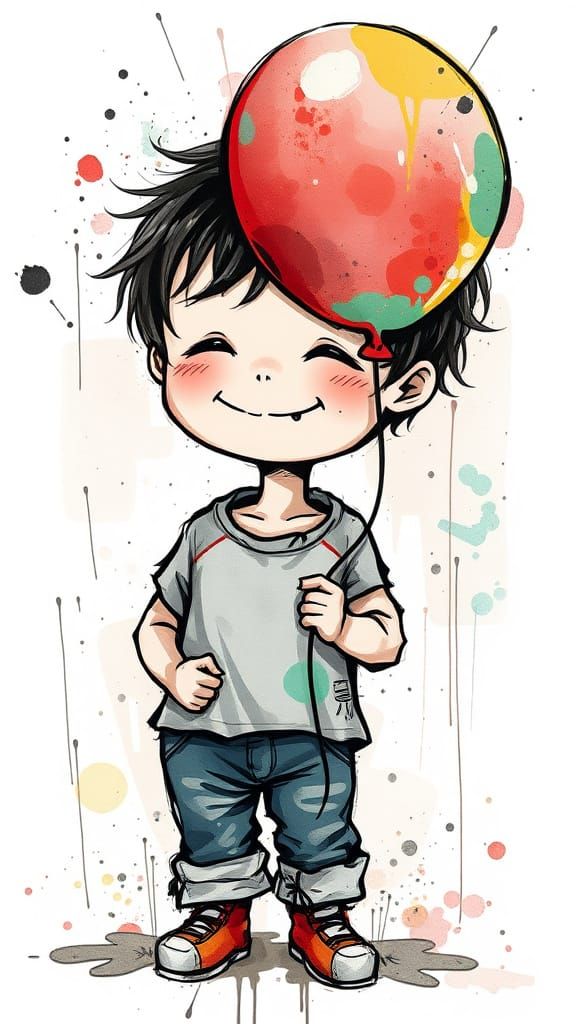 A smiling child holding a balloon
In the style of Chaotic & Sporadic