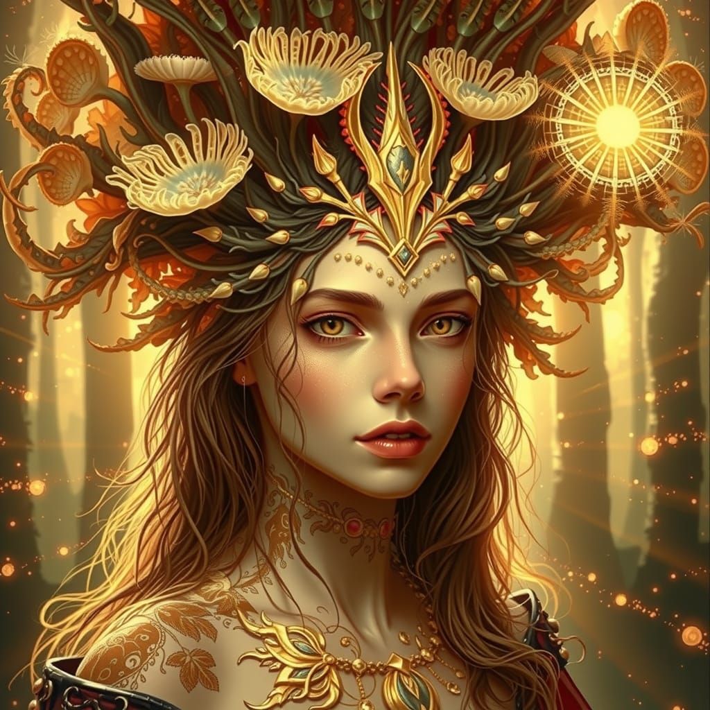 Ethereal Blood Coral Dryad in Bioluminescent Forest