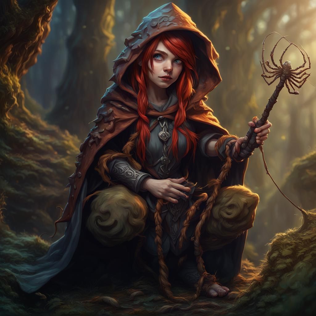 Gnome Warlock Riding Spider, Detailed Fantasy Art