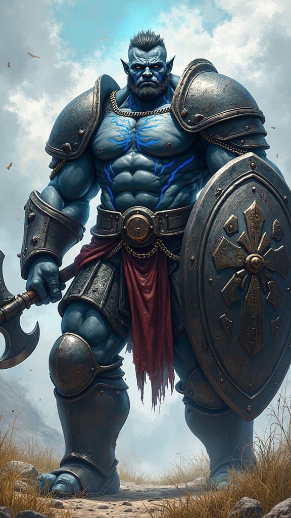 Grey-Skinned Half-Giant Warrior with Blue Runes