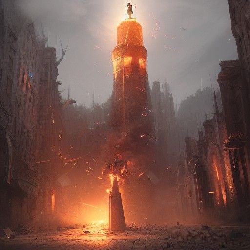 Robot Destroys Tower: Dark Fantasy Concept Art