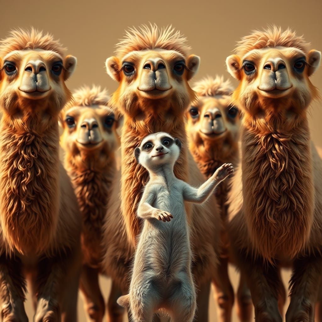 Serious Camels Watch a Joyful Meerkat Dance