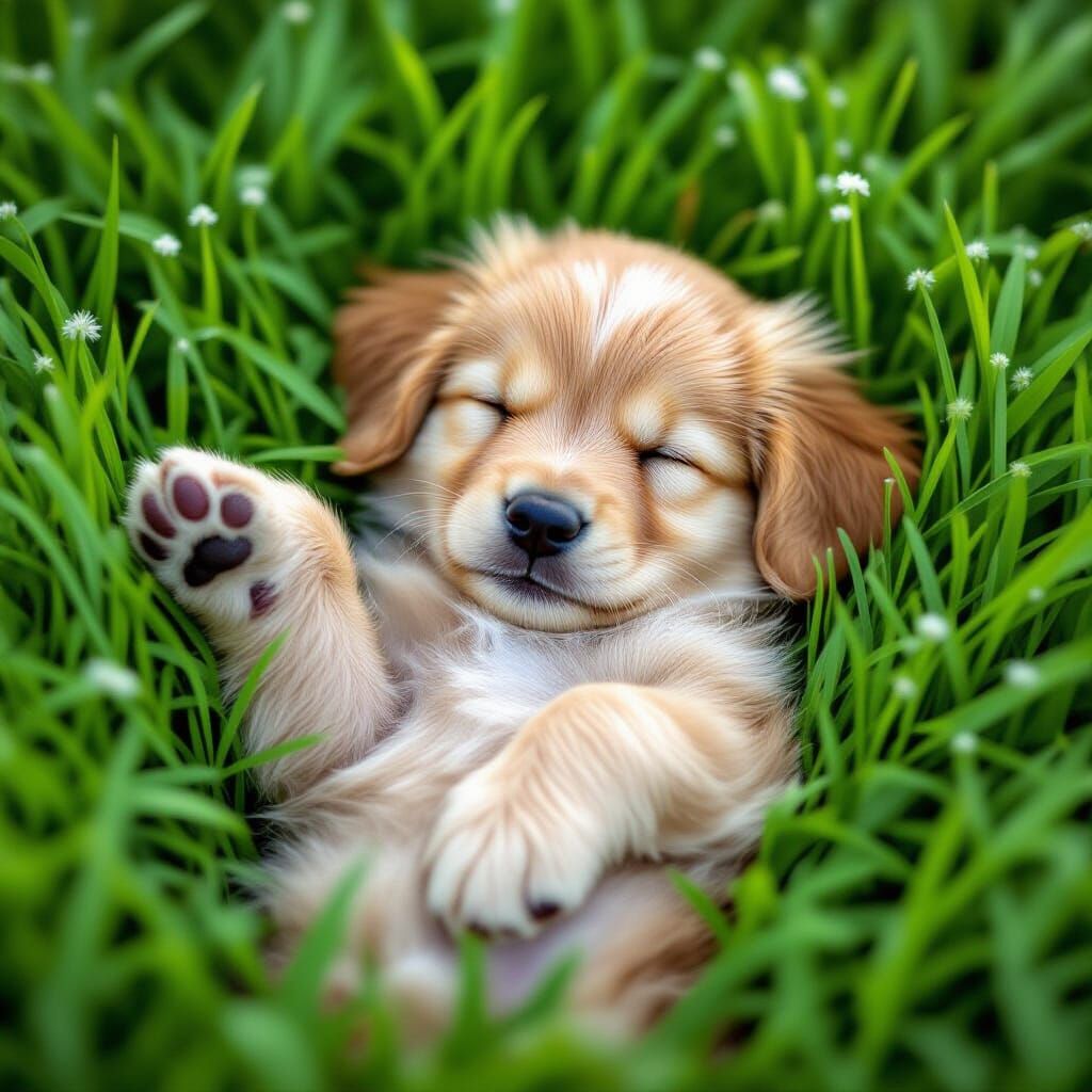 Adorable Tiny Golden Retriever Puppy Sleeping in Lush Grass