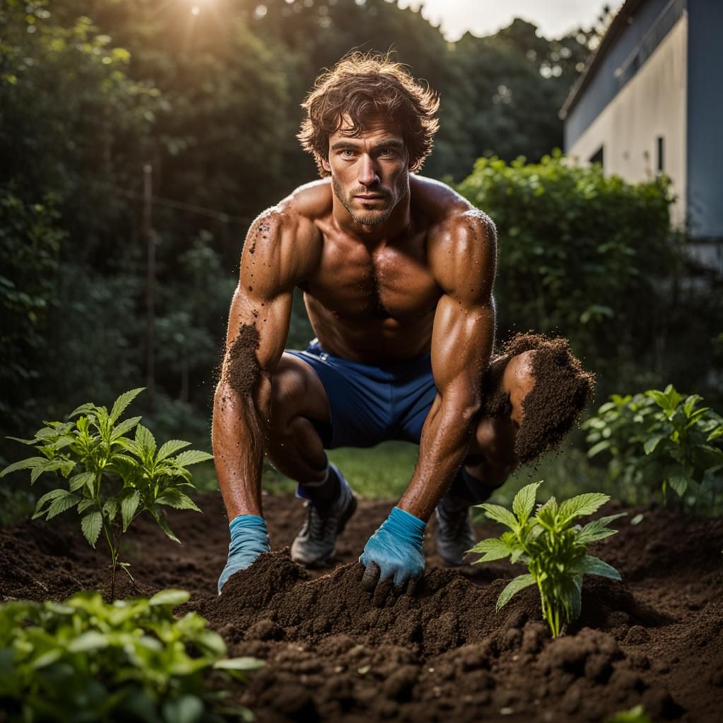 Attractive Young Man Weeding in Garden Portrait