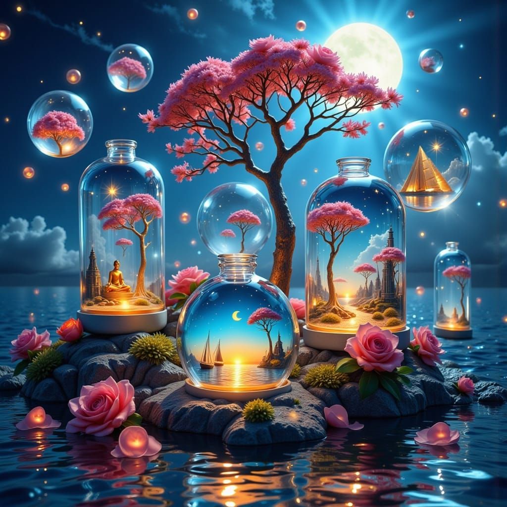 Neon Glass Worlds on Atlantic Ocean in Retro-Futurism