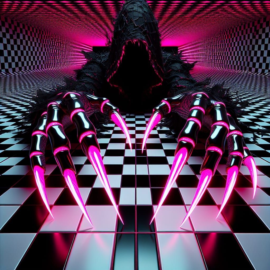 Sinister Hooded Figure in Checkered Illusion