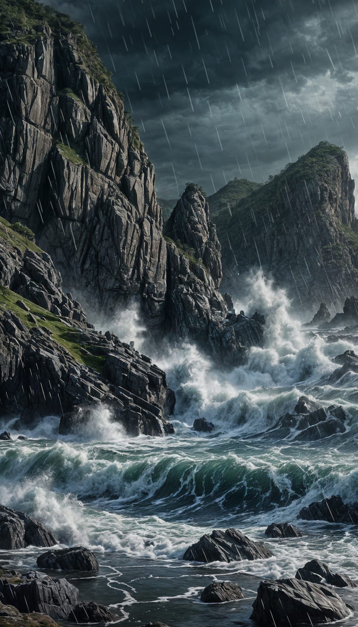 Ocean Waves Crashing on Rocks in Rainy Weather
