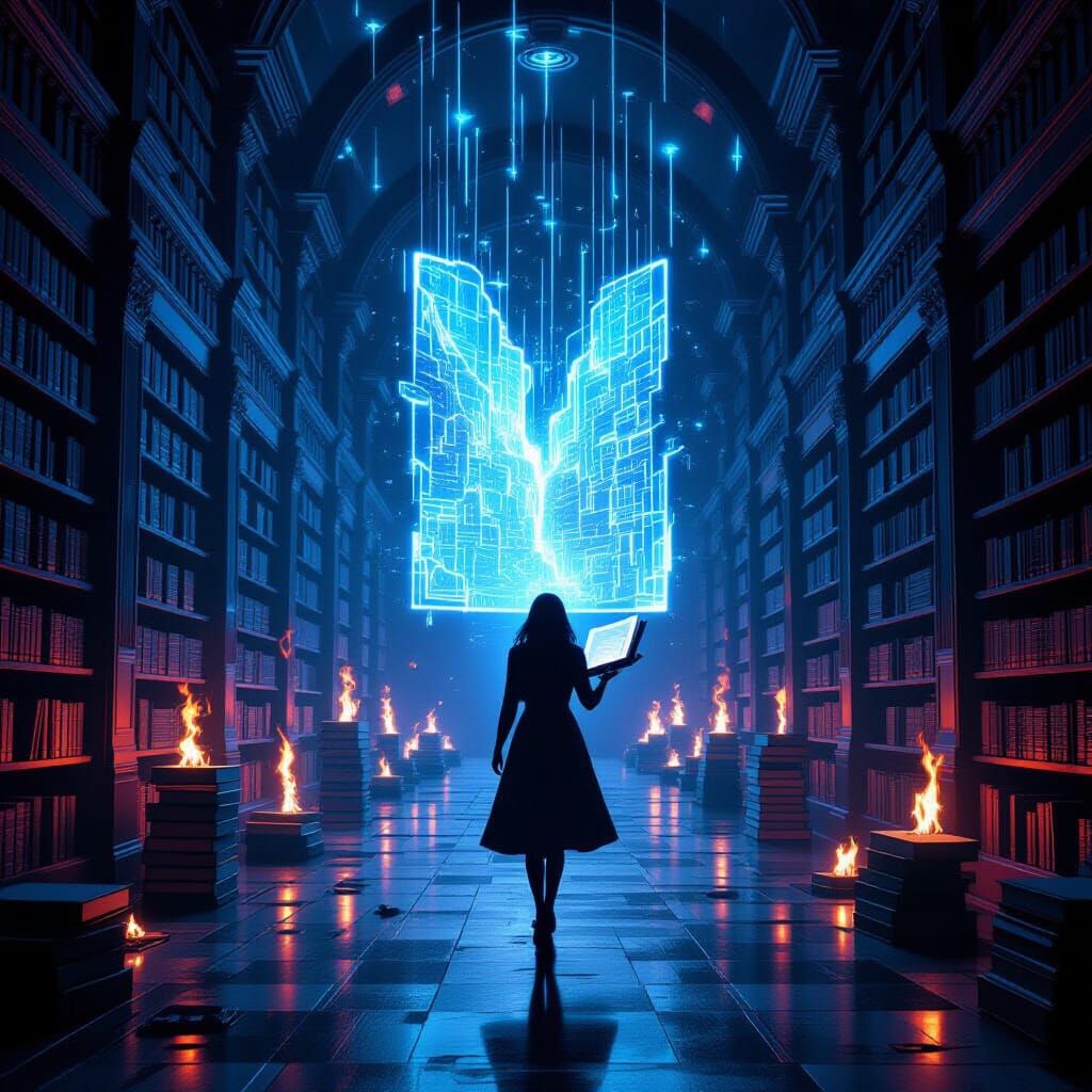 Woman Opens Glowing Book in Neon Library