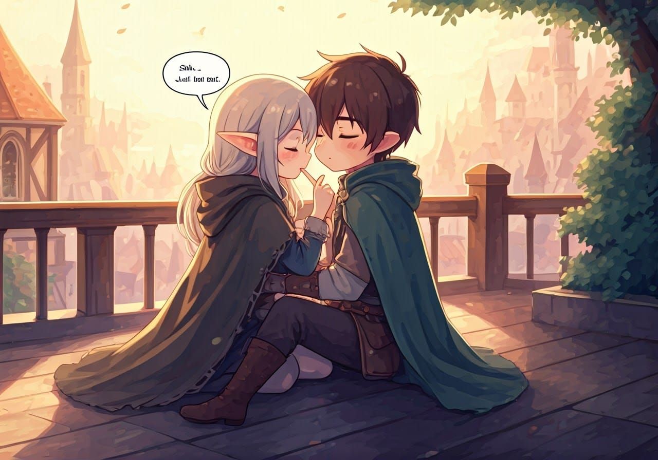 Elf and Man Embrace on Rooftop in Anime Style