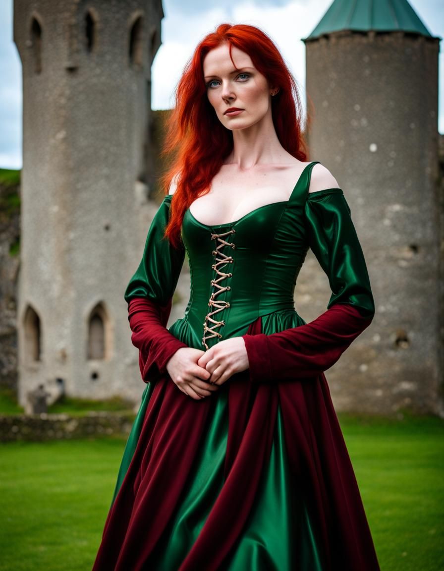 Beautiful Irish Woman in Latex Dress Near Tower House