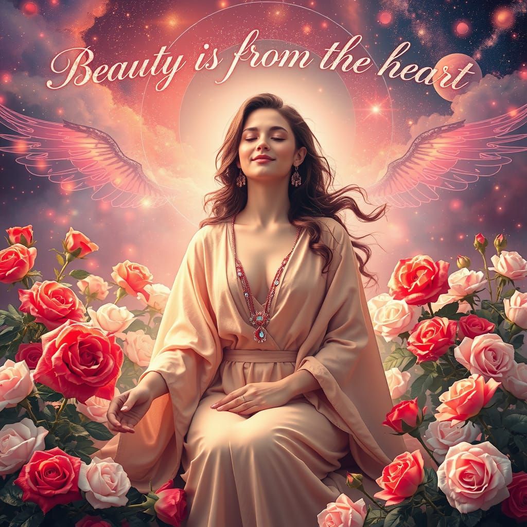 Serenely Adorned Goddess of Beauty in a Vibrant Rose Garden