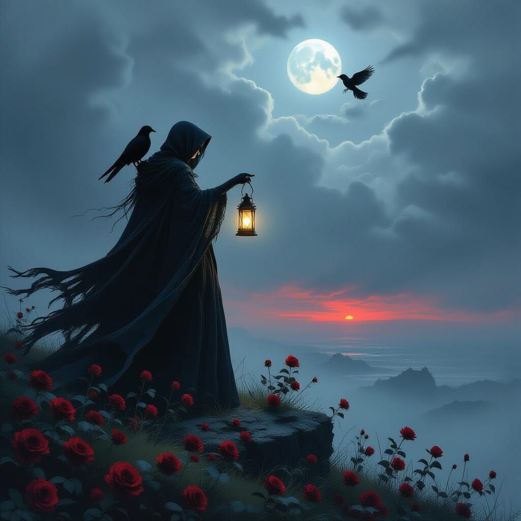 Gothic Witch Protects Rose Field with Lantern