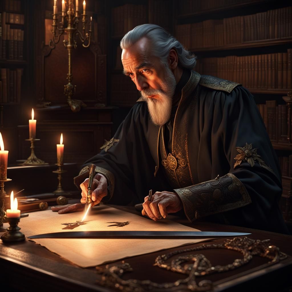 Victorian Man Oiling Sword by Candlelight, Digital Art