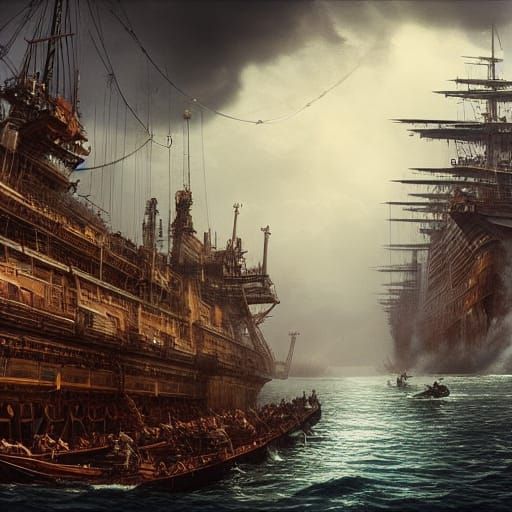 Epic Cinematic Image of Hardworking Men on Ship