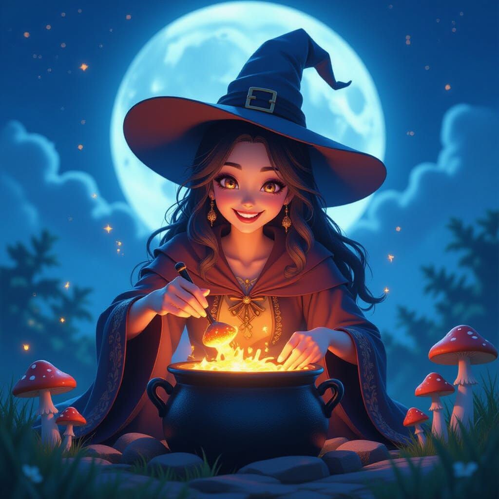 Happy Witch Adds Mushrooms to Cauldron