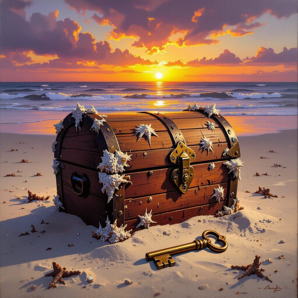 Sunset Treasure Chest: Hyperrealistic Oil Painting