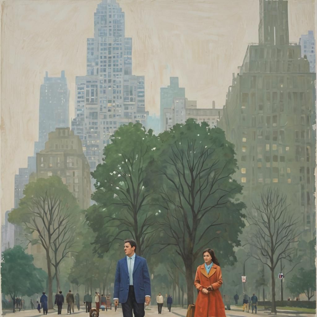 Central Park Dog Walk in David Hockney Style