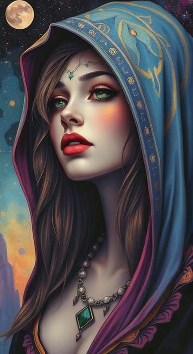 Psychedelic Hooded Woman Portrait in Visionary Art Style