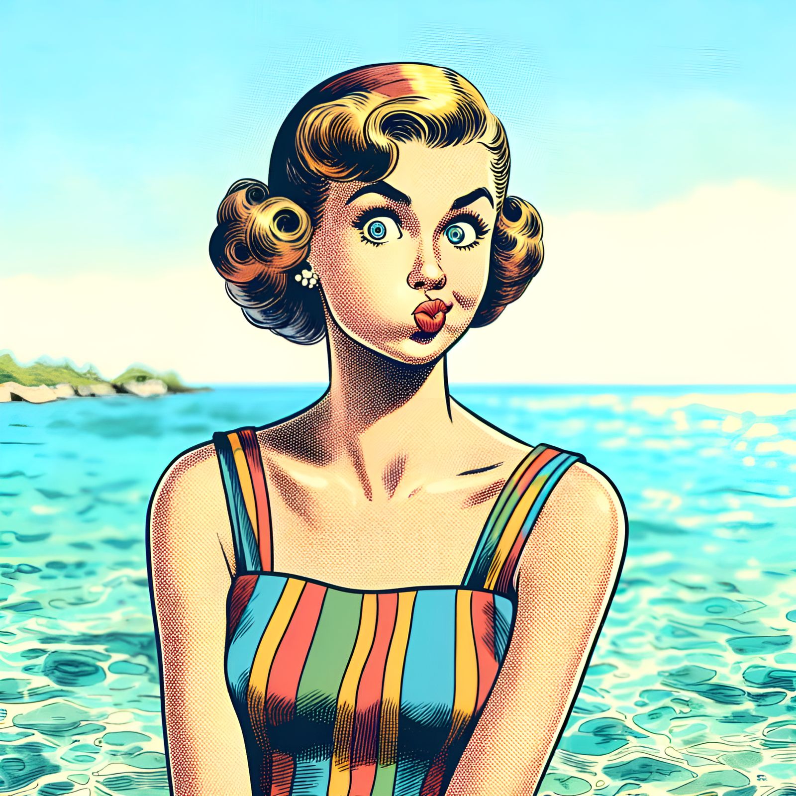 Playful Woman in Swimsuit, Mid-Century Illustration Style