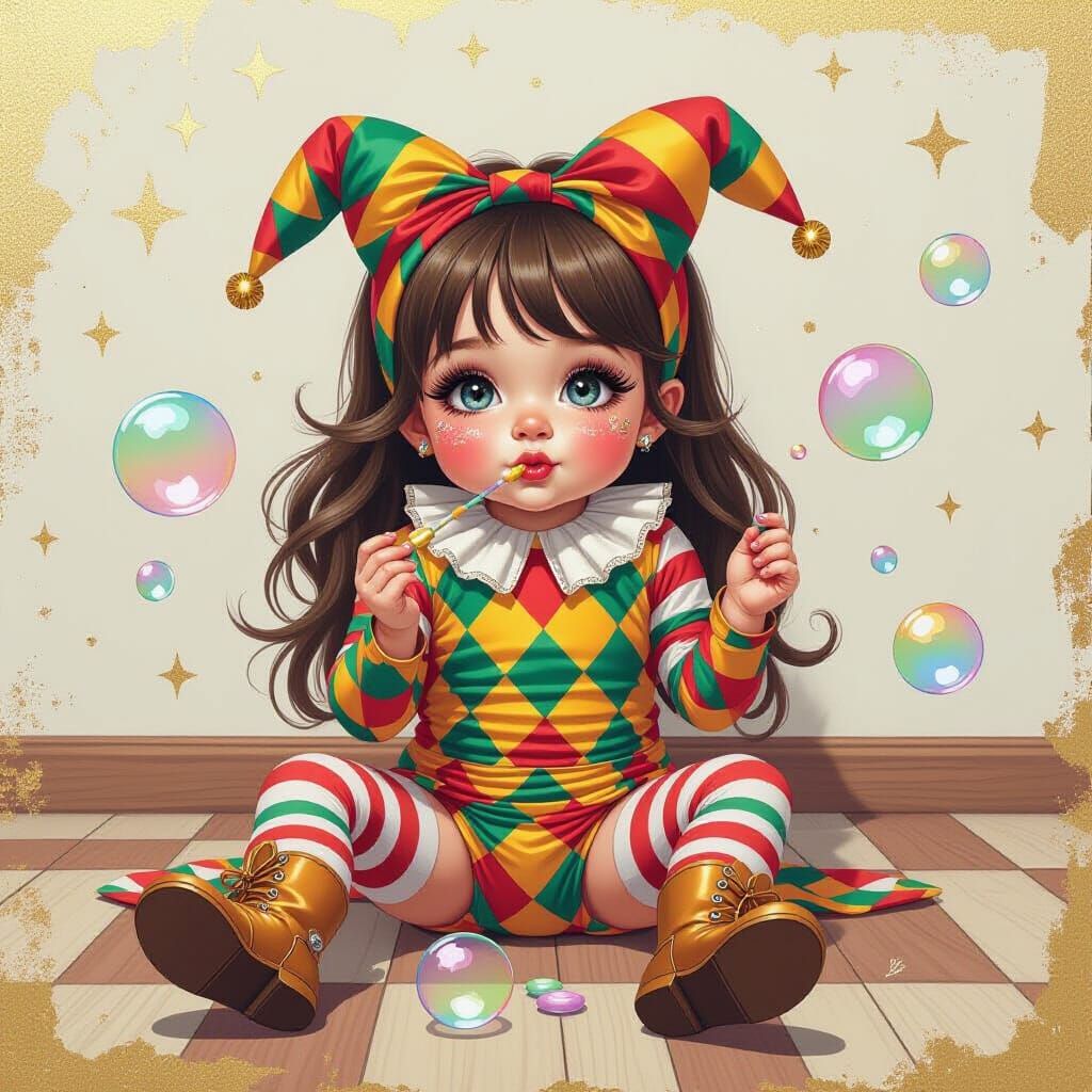 Toddler Blowing Bubbles in Colored Pencil Style