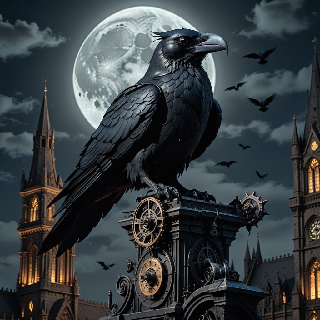 Steampunk Raven Perches on Gothic Cathedral Gargoyle in Moon...