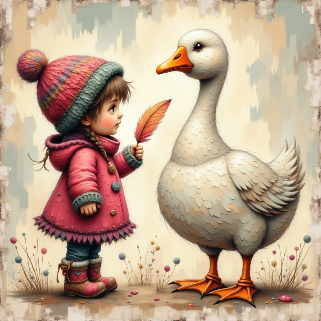 Child and Goose in Textured Painted Style