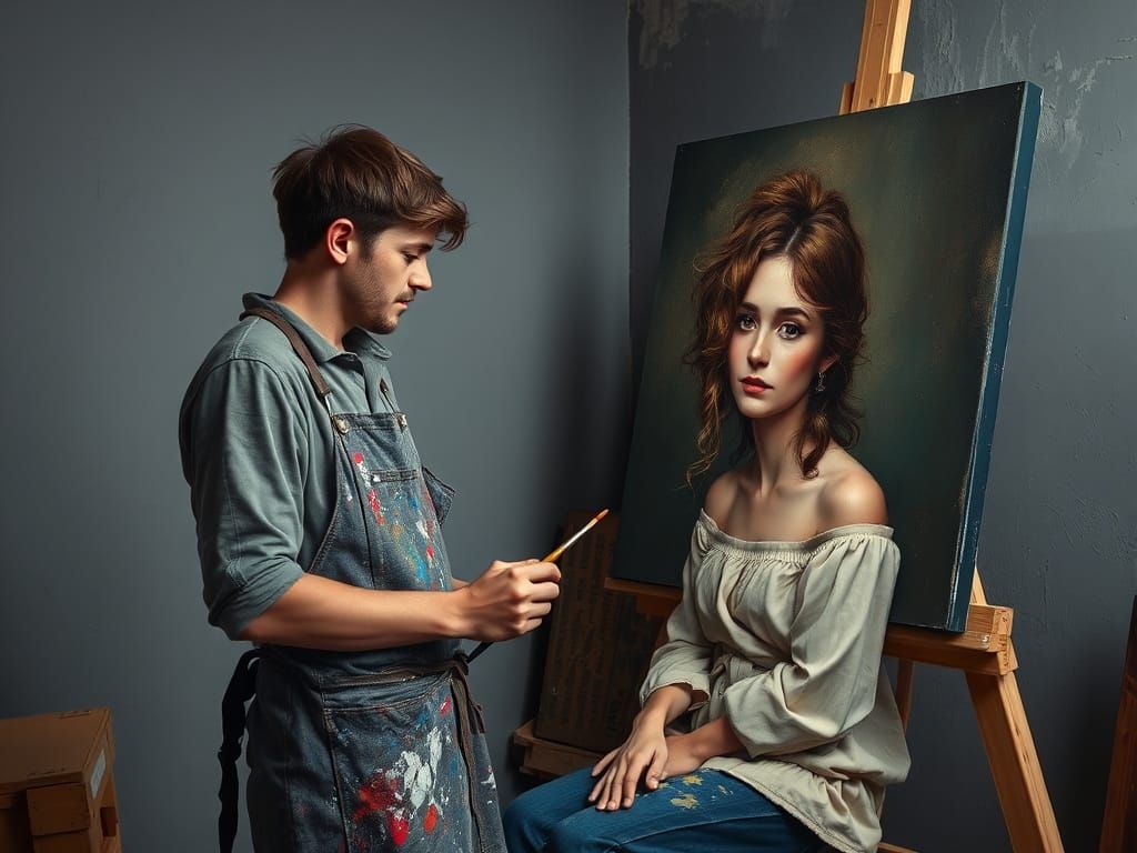 Artist Painting Portrait in Expressionist Style