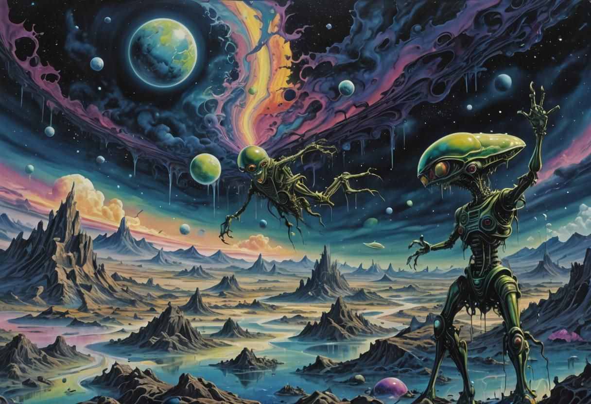 Aliens Roaming Melting Planet in Surreal Graffiti Art