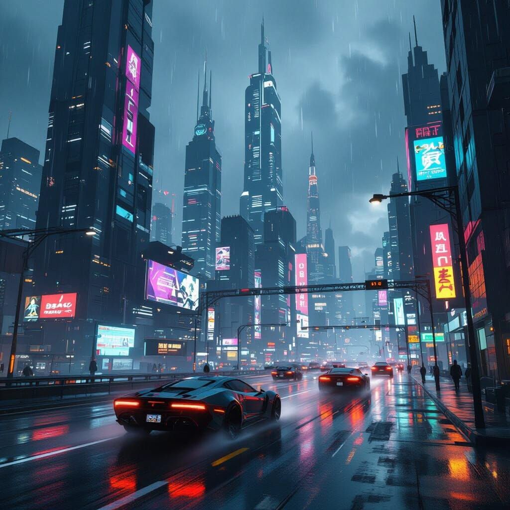 Cyberpunk Cityscape in Rainy Weather