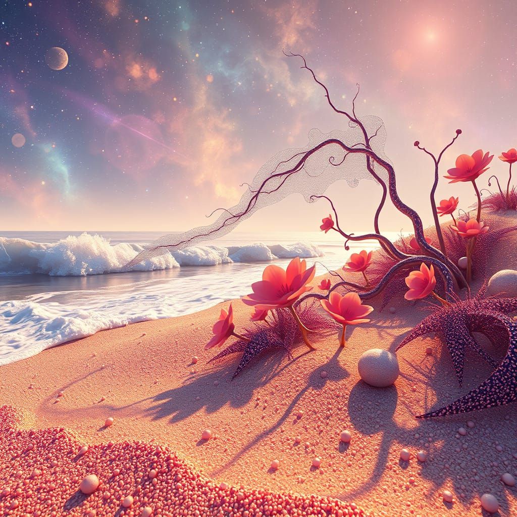 Ethereal Beach Oasis in a Cosmic Nebula