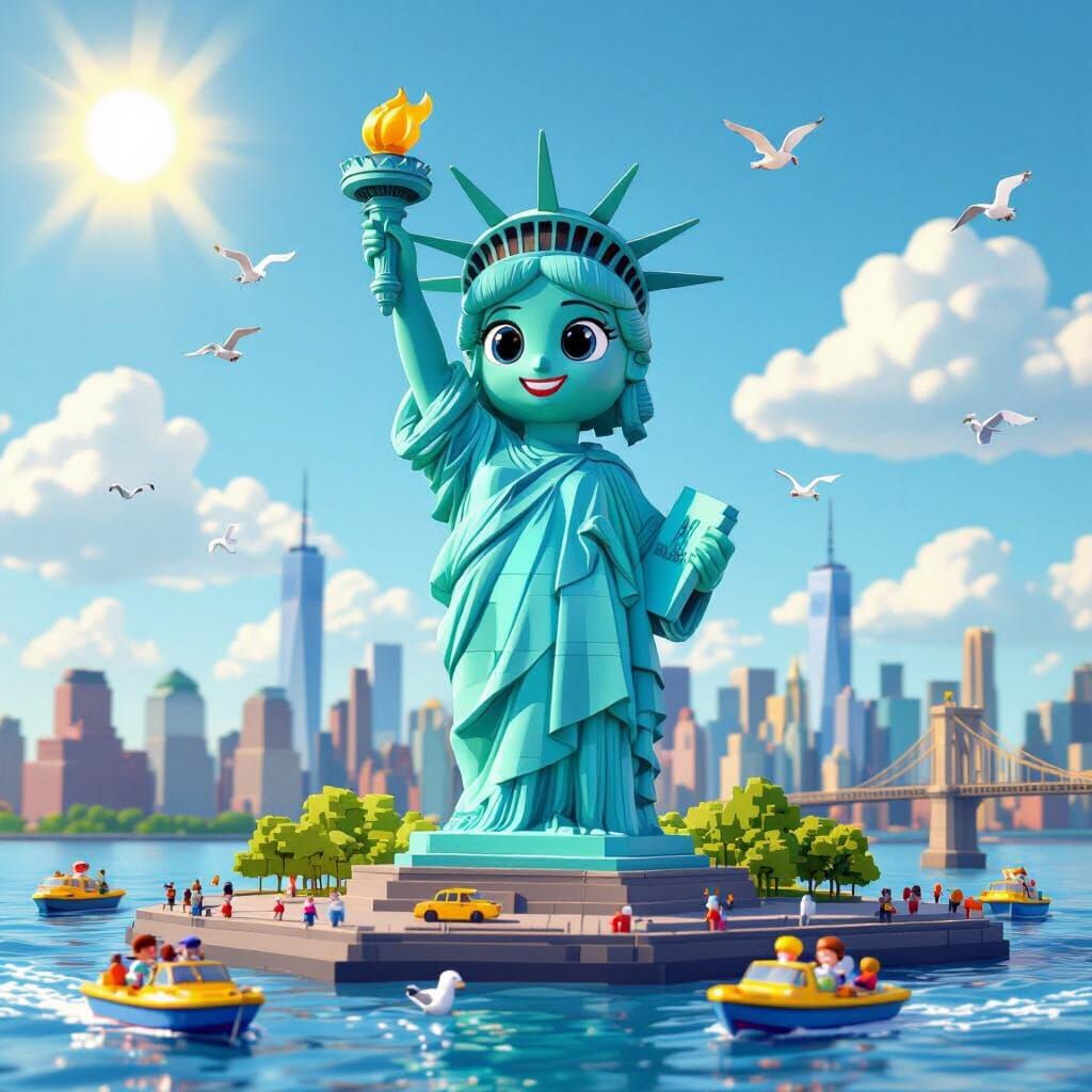 Cartoon Statue of Liberty in Sunny NYC Harbor
