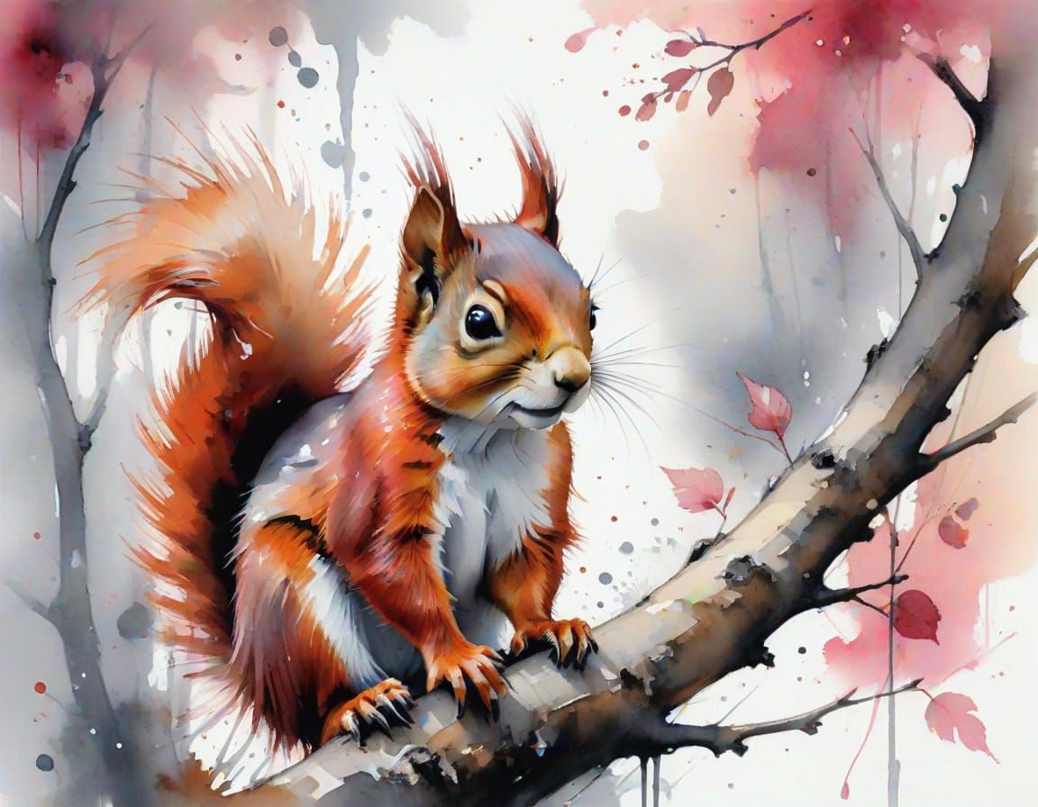 Red Squirrel in Tree, Watercolor Splash Art