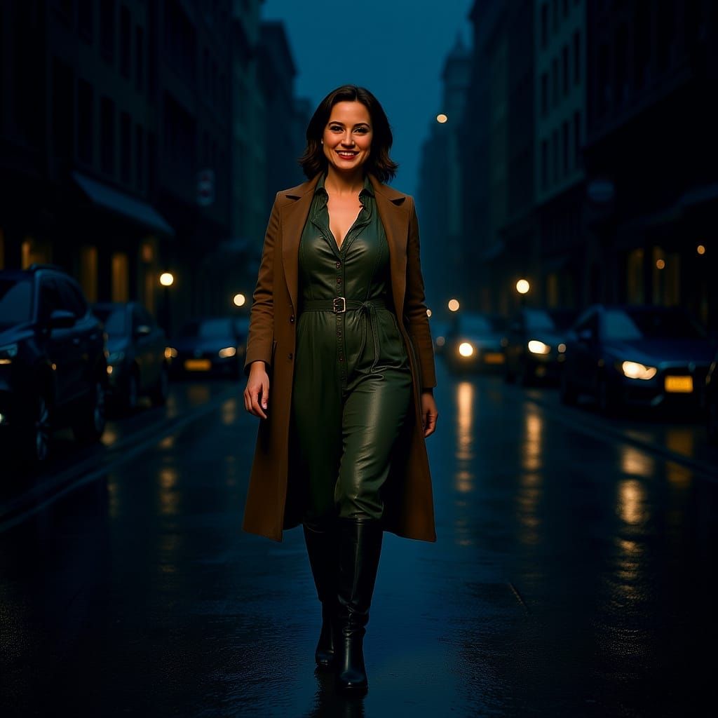 Hyperreal Woman Walking on Rainy City Street at Dusk
