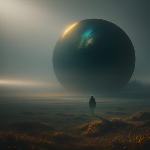Time Traveler in Misty Landscape: Hyperrealistic Sci-Fi Art