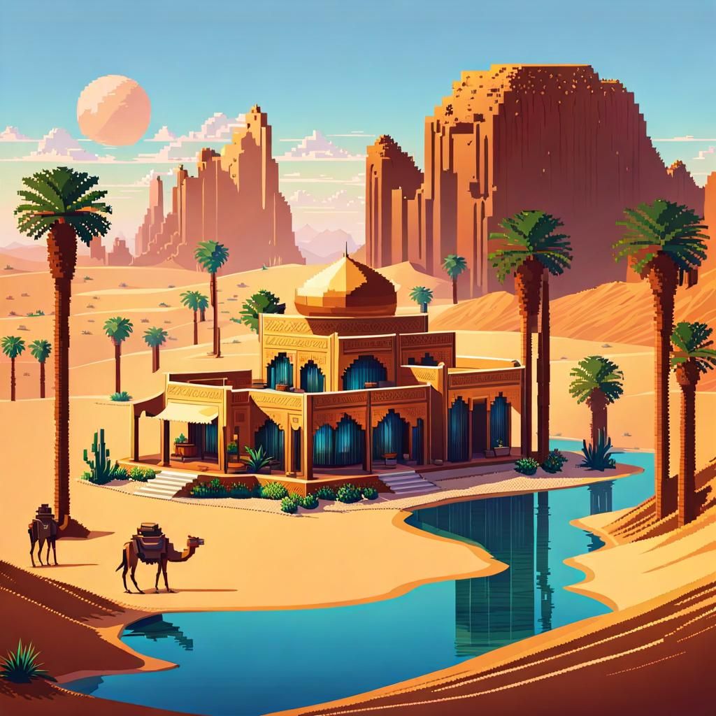 Luxurious Desert Oasis in 8-bit Style