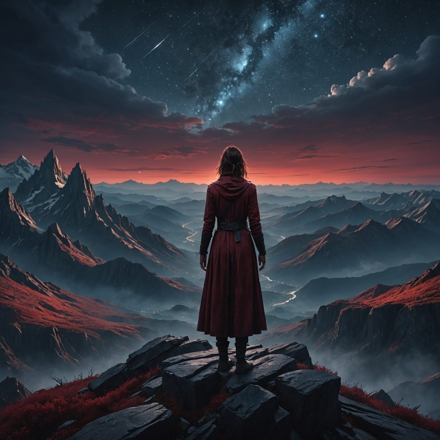 Woman Crying Blood Under Starry Night Sky