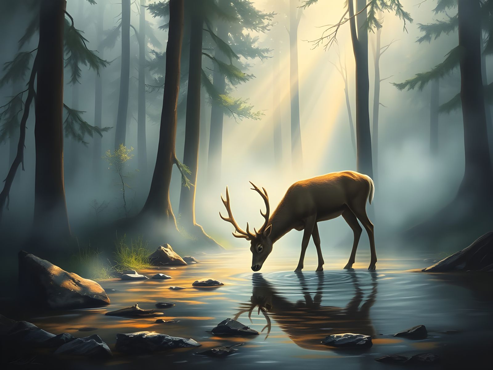 Deer in Foggy Forest Oil Painting