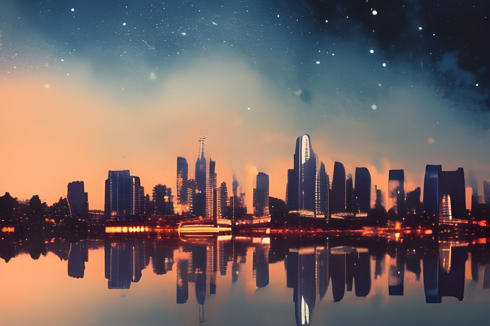 Cosmic Cityscape Reflecting at Sunset: Fine Art Photography