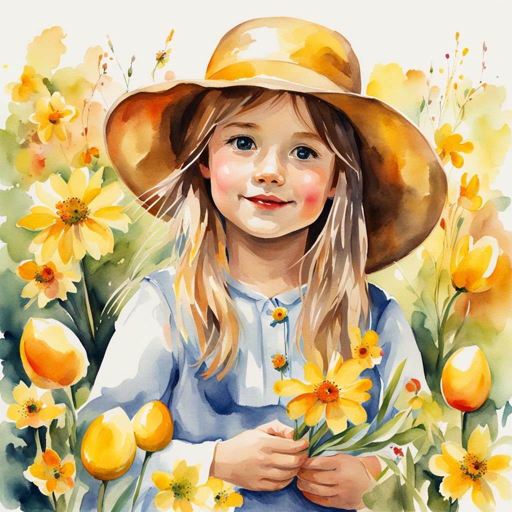 Girl with Easter Eggs Hat Watercolor Illustration