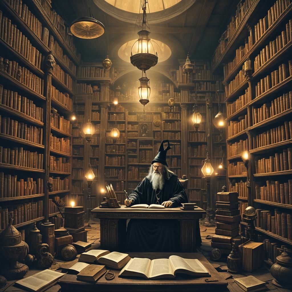 Mystical Wizard in Surreal Library: Beksiński and Giger Styl...
