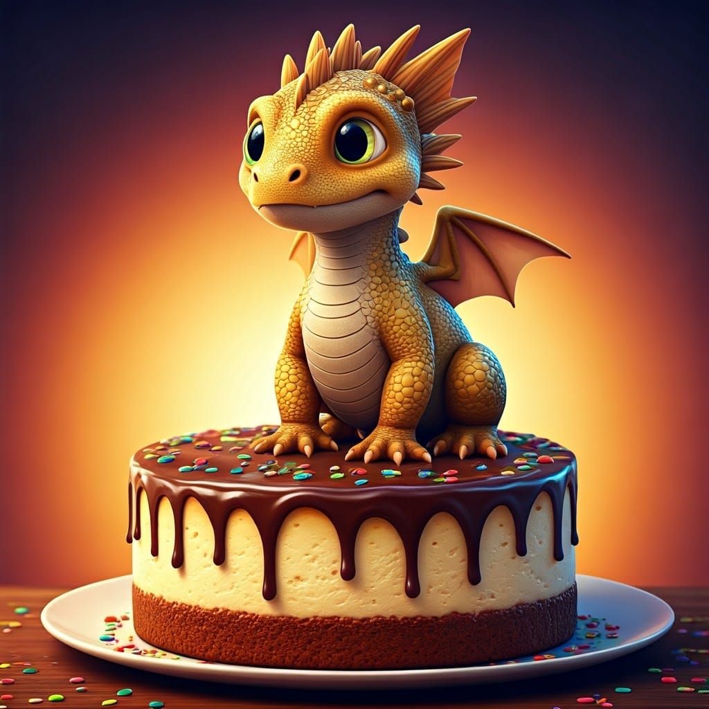 Cute Dragon on Cheesecake, 3D Animation Style