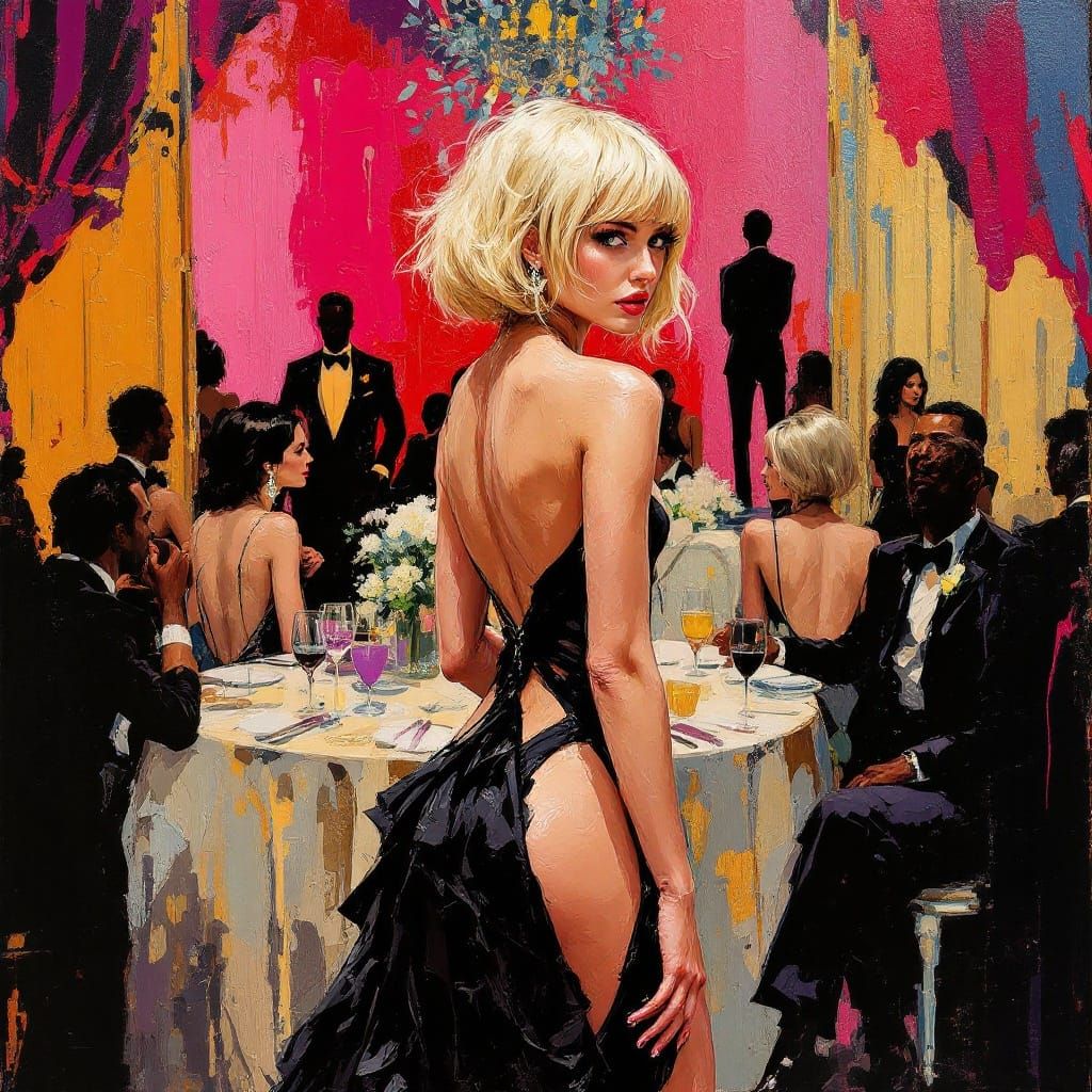 Elegant Woman in Backless Dress as Impasto Painting