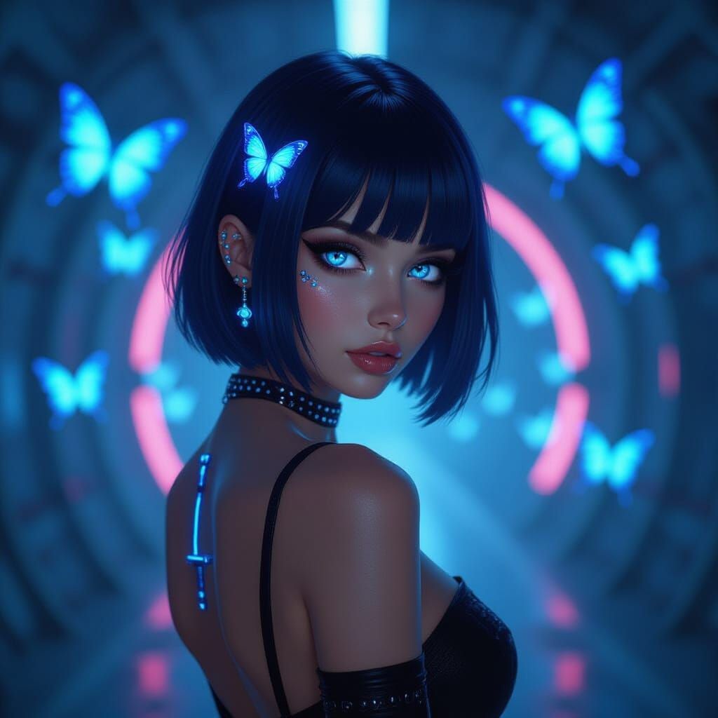 Cyberpunk Girl in Futuristic Tunnel