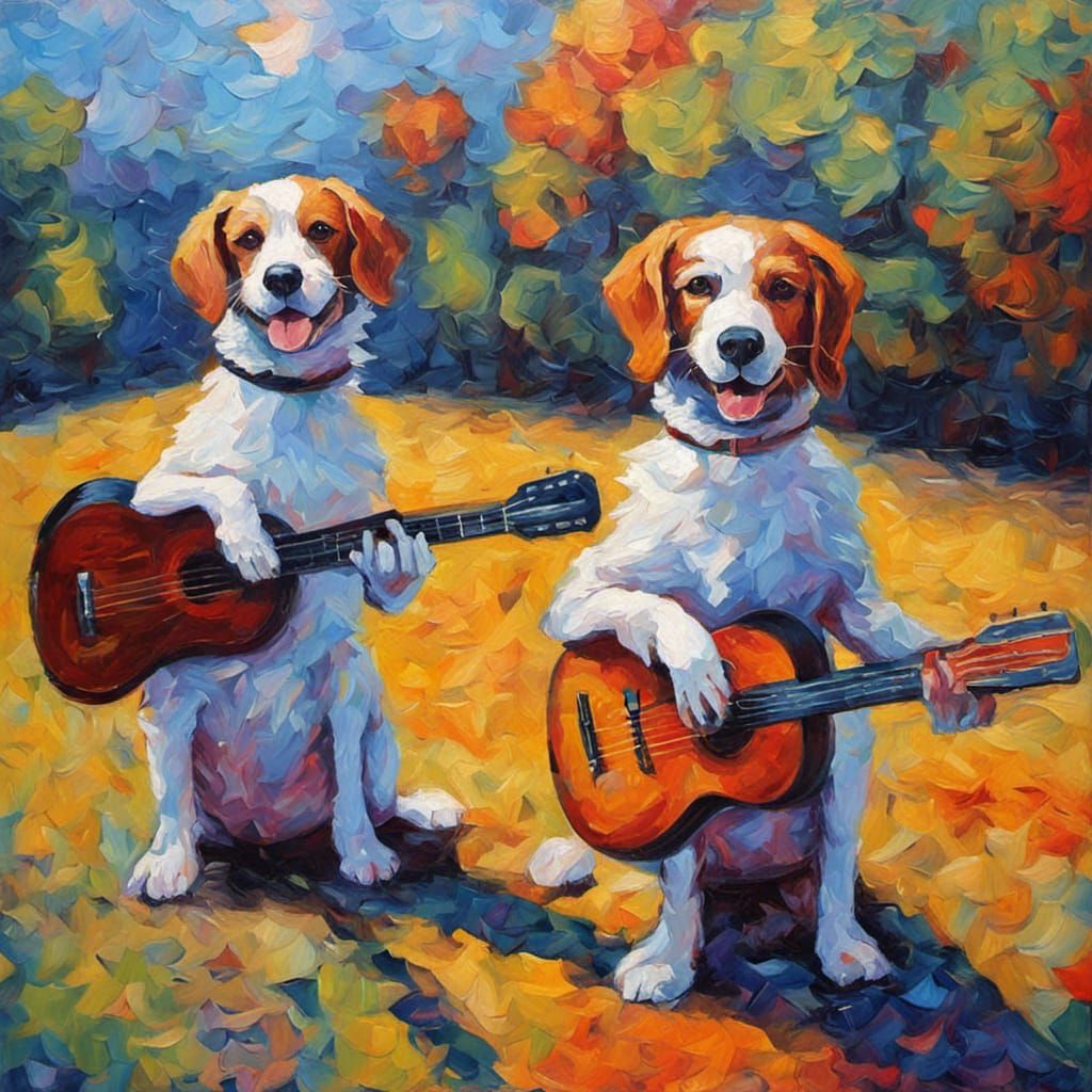 Dogs Playing Guitars: Neo-Impressionist Oil Painting