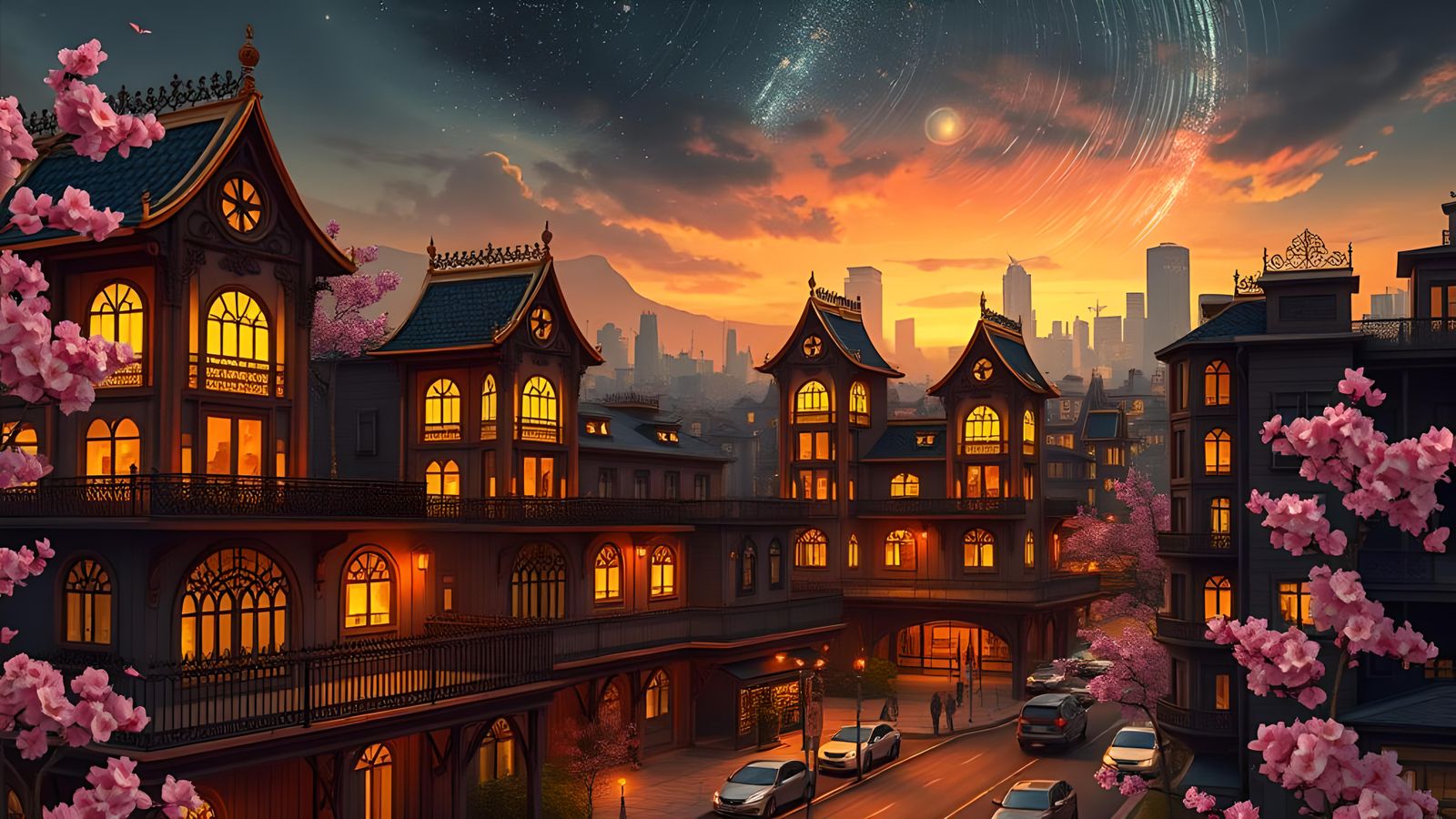 Surreal Cherry Blossoms in Ornate Industrial City