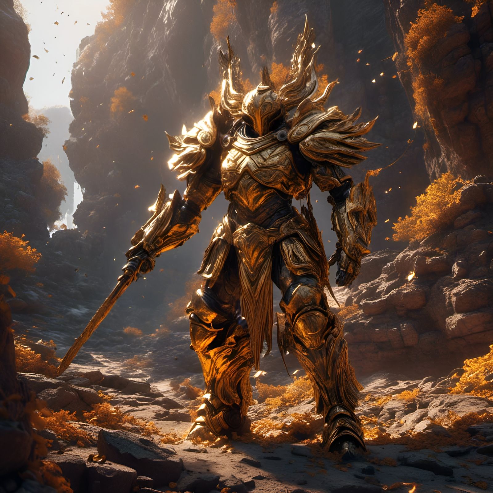 Ancient Warrior God Sculpture in Amber Light