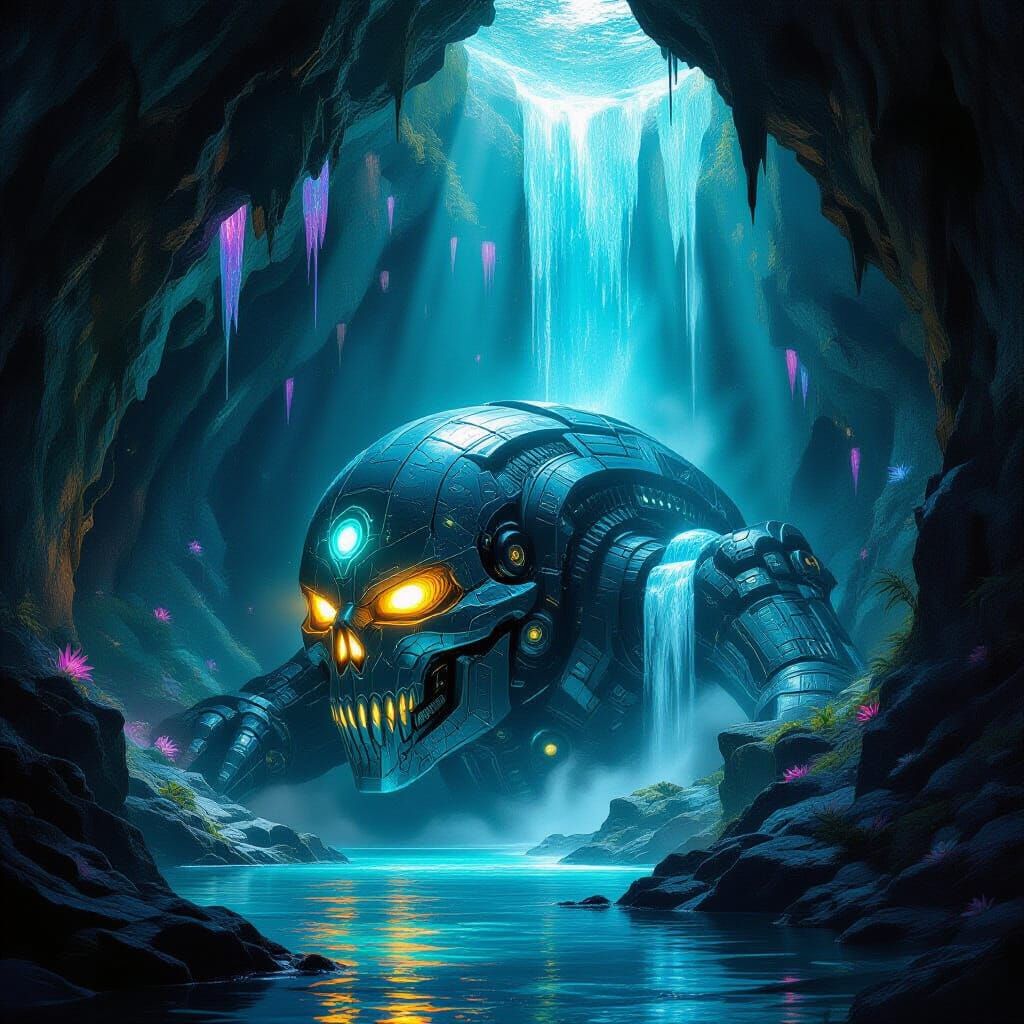 Ancient Obsidian Automaton Slumbers in Crystal Cavern