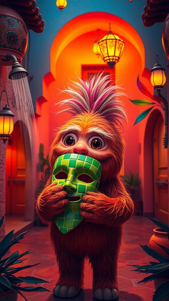 Anime-Style Telly Tubby Fiesta with Arabic Mask